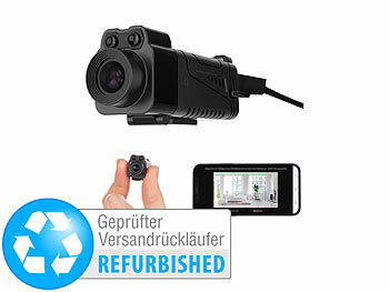 Mini-Kamera Überwachung: Somikon WLAN-Micro-Kamera, Full HD, 90° neigbar, Powerbank, Versandrückläufer