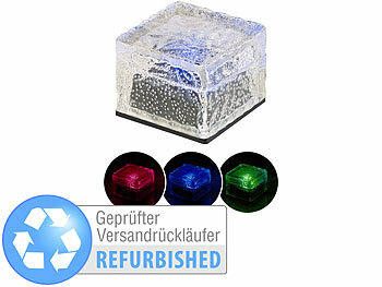LED-Solarsteine: Lunartec Solar-RGB-LED-Glasbaustein mit Dämmerungsssensor, Versandrückläufer