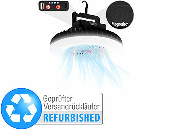 Ventilator Kfz: Semptec 3in1-Akku-LED-Licht & Ventilator mit USB-Powerbank, Versandrückläufer