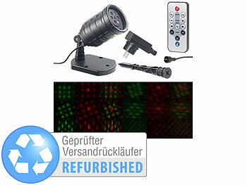 Laser-Projektor mit LEDs: Lunartec Motiv-Laser-Projektor mit 6 Muster, Timer, Versandrückläufer