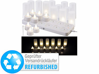 Gastro Teelichter: Lunartec 12er-Set Akku-Teelichter mit Kunststoff-Dekogläsern, Versandrückläufer 