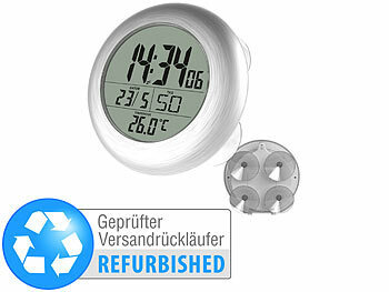 infactory Badezimmeruhr Digital: Digital-Badezimmer-Uhr,  Thermo-/Hygrometer, LCD, Saugnapf, Timer, IP54 (Baduhr Digital)