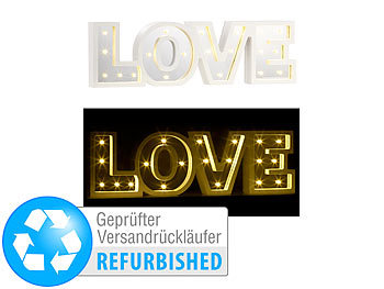LED-Deko-Wörter: Lunartec LED-Schriftzug "LOVE" aus Holz & Spiegeln mit Timer, Versandrückläufer