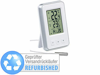 in- & Out-Thermometer: PEARL Digitales Innen- und Außen-Thermometer mit Uhrzeit, Versandrückläufer