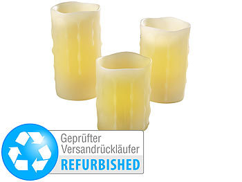 Elektrische Wachs-Kerzen: Britesta LED-Echtwachs-Kerzen mit Timer und Fernbedienung, 3erSet (refurbished)