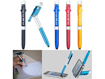 Kugelschreiber mit Licht: PEARL 4in1-Kugelschreiber mit LED-Lampe, Touchpen und Handy-Ständer, 5er-Set