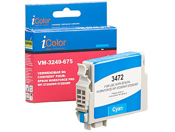 Printer Cartridges: iColor Tintenpatrone für Epson-Drucker (ersetzt T3472 / 34XL), cyan, 14 ml