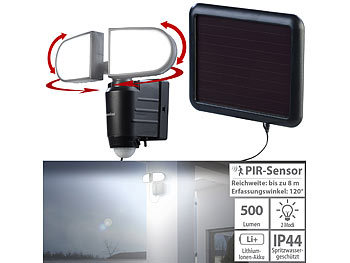 LED Solarstrahler: Luminea Duo-Solar-LED-Außenstrahler mit PIR-Bewegungssensor, 1 W, 500 lm, IP44