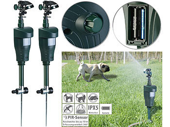 Tierschreck als Wassersprinkler mit Bewegungssensor Spritzen: Royal Gardineer 2er-Set Wasserstrahl-Tierschreck, PIR-Sensor, Batteriebetrieb, 120 m²