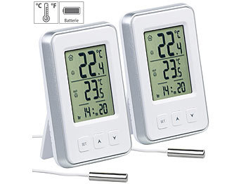 Wetterstation: PEARL 2er-Set digitale Innen- und Außen-Thermometer mit Uhrzeit, LCD-Display