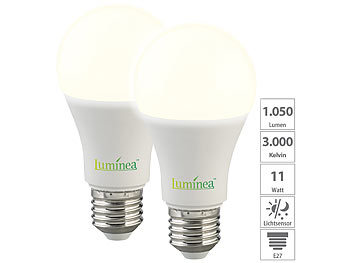 LED Wonzimmerleuchten: Luminea 2er-Set LED-Lampen mit Dämmerungssensor, E27, 11 W, 1.050 lm, warmweiß