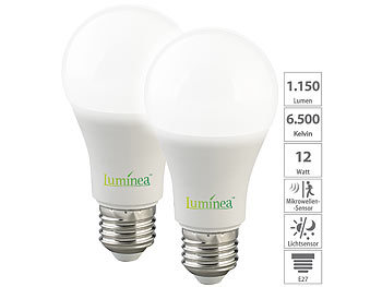 Lampe mit Bewegungssensor: Luminea 2er-Set LED-Lampen, Bewegungs- & Lichtsensor, E27, 12W, 1.150lm, 6500K