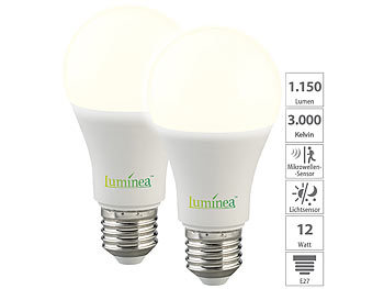 Birne mit Bewegungsmelder: Luminea 2er-Set LED-Lampen, Bewegungs-/Lichtsensor, E27, 12W, 1150lm, warmweiß