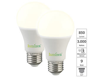 LED-Lampe mit E27-Sockel: Luminea 2er-Set LED-Lampen mit Bewegungssensor, E27, 9 W, 850 lm, warmweiß
