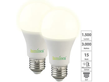 Lampe Bewegungsmelder: Luminea 2er-Set LED-Lampen mit Radar-Sensor, E27, 15 Watt, 1.500 lm, F, 3000 K