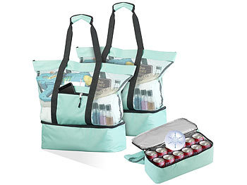 Strandtasche: PEARL 2er-Set 2in1-Strand-Netztaschen mit Kühlfach und Seitenfach, hellblau