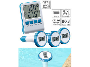 Schwimmbad-Thermometer: infactory 3 digitale Teich- und Poolthermometer mit LCD-Funk-Empfänger, IPX8