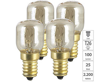 Kolben-Leuchtmittel E14: Luminea 4er-Set Backofenlampen, E14, T26, 25 W, 100 lm, warmweiß, bis 300 °C