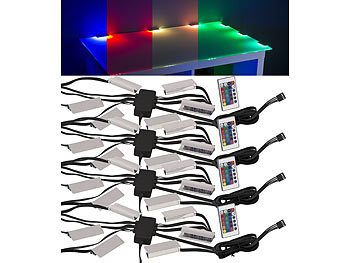 Regal Lichtleiste: Lunartec 4er-Set LED-Glasbodenbeleuchtungen: 24 Klammern mit 72 RGB-LEDs