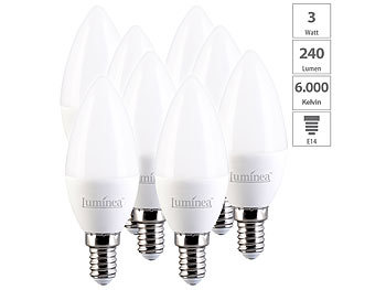 LED-Glühbirne E14: Luminea 8er-Set LED-Kerzen E14, C37, 3W (ersetzt 30W), 240 lm, tageslichtweiß