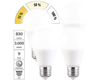 Energiespar-Lampen: Luminea 4er-Set LED-Lampen E27 9W (ers. 75W) 3-stufig dimmbar 830lm tageslicht