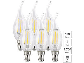 Kerzenlampe: Luminea 6er-Set LED-Filament-Kerzen E14, 4 W (ersetzt 40 W), 470 lm, warmweiß