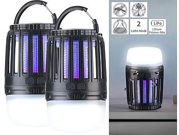 Mückenlampe: Exbuster 2er Pack 2in1-UV-Insektenvernichter und Camping-Laterne mit Akku, USB