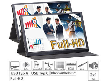Monitor dünn: auvisio 2er-Set mobile Full-HD-IPS-Monitors, 39,6 cm (15.6"), USB Typ C, HDMI
