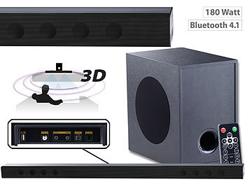 Lautsprecher, Bluetooth: auvisio Soundbar mit Bluetooth, 3D-Sound-Effekt und externem Subwoofer, 180 W