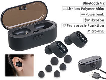 Stereo Headset Bluetooth: auvisio True Wireless In-Ear-Stereo-Headset mit Lade-Etui, 10 Std. Spielzeit