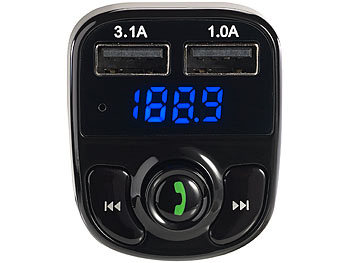 auvisio 3in1-Kfz-FM-Transmitter, Freisprecher m. Bluetooth, Ladegerät, mit App