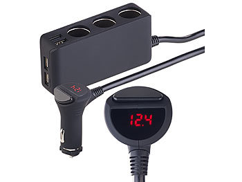 Voltmeter: revolt Kfz-Verteiler mit 3x 12-/24-Volt- & 4x USB-Buchse, LCD-Display, 120 W