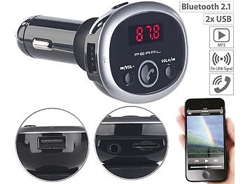 Kfz Transmitter: auvisio MP3-FM-Transmitter mit Bluetooth, Freisprecher, USB-Port, für 12/24 V