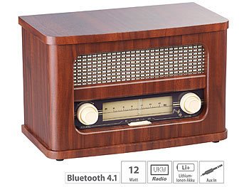 Nostalgie Radio: auvisio Nostalgisches Stereo-FM-Radio 12W, Holz, Akku, Bluetooth, USB Ladeport