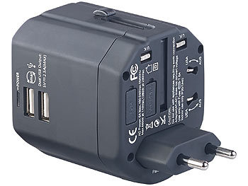 revolt 3in1-Universal-Welt-Reisestecker mit 2 USB-Ladeports, 2,5 A, 12,5 Watt