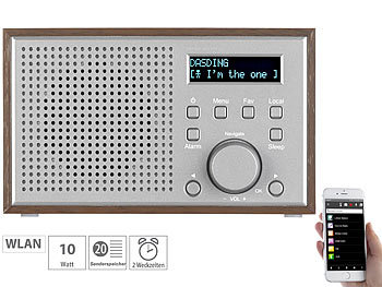 Küchenradio: auvisio WLAN-Internetradio mit Holzdesign-Gehäuse, 2 Weckzeiten & App, 10 Watt