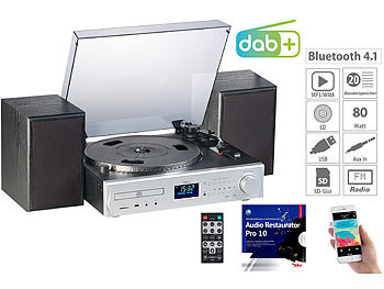 Stereoanlage: auvisio Plattenspieler/Digitalisierer, DAB+, CD, Bluetooth, MC, USB, MP3, 80 W