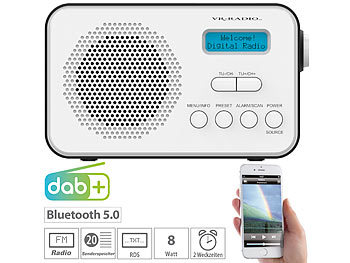 DAB Radio mobil: VR-Radio Mobiles Akku-Digitalradio mit DAB+ & FM, Wecker, Bluetooth 5, 8 Watt