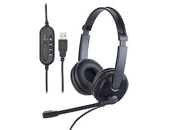 Kopfhörer für PC: Callstel USB-On-Ear-Stereo-Headset, Schwanenhals-Mikrofon, Kabel-Fernbedienung