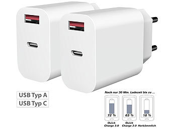 Ladegeräte USBC: revolt 2er USB-Netzteile für Typ A & C, PD bis 20 Watt, Quick Charge 3.0, 3 A