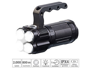 Handlampe: KryoLights LED-Akku-Handstrahler mit 2.000 Lumen, 800 m Leuchtweite, 2.600 mAh