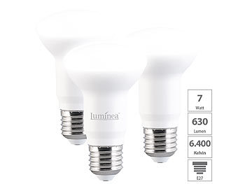 LED Tageslichtlampe E27: Luminea 3er-Set LED-Reflektor R63 E27, 7W (ersetzt 60W), 630lm, tageslichtweiß