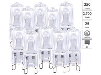 G9 Lampe: Luminea 10er-Set Halogen-Stiftsockellampen G9, 25 W, 250 lm, warmweiß, dimmbar