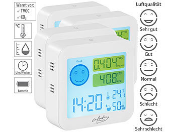 Luftmessgerät: infactory 4er-Set TVOC- & CO2-Messgeräte mit Uhr, Temperatur, Luftfeuchtigkeit