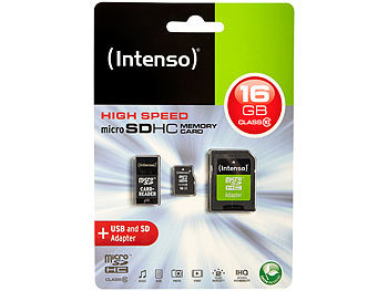 Intenso microSDHC-Speicherkarte 16 GB Cl. 10 inkl. SD- und USB-Adapter