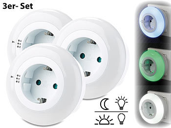 LED-Nachtlichter mit Dämmerungssensoren und Steckdosen, Schuko: revolt LED-Nachtlicht mit Dämmerungssensor und Steckdose, 3 Farben, 3er-Set