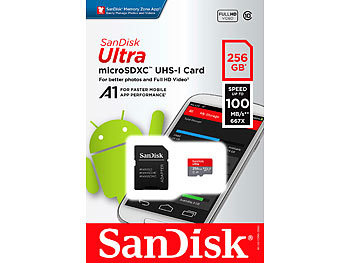 SanDisk Ultra microSDXC, 256 GB, 100 MB/s, Class 10, U1, A1, mit Adapter
