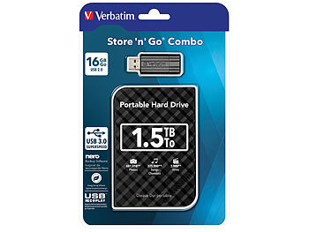 Verbatim Externe 2,5"-Festplatte 1,5 TB, USB 3.0, inkl. USB-Stick 16 GB USB 2.0