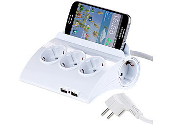 Verteilerdose: revolt Schaltbare 5-fach-Steckdosenleiste, 2 USB-Ladeports, Smartphone-Ablage