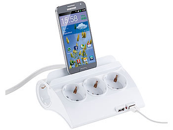 Steckdosenleiste mit USB-Ladeports und Smartphone-Ständer